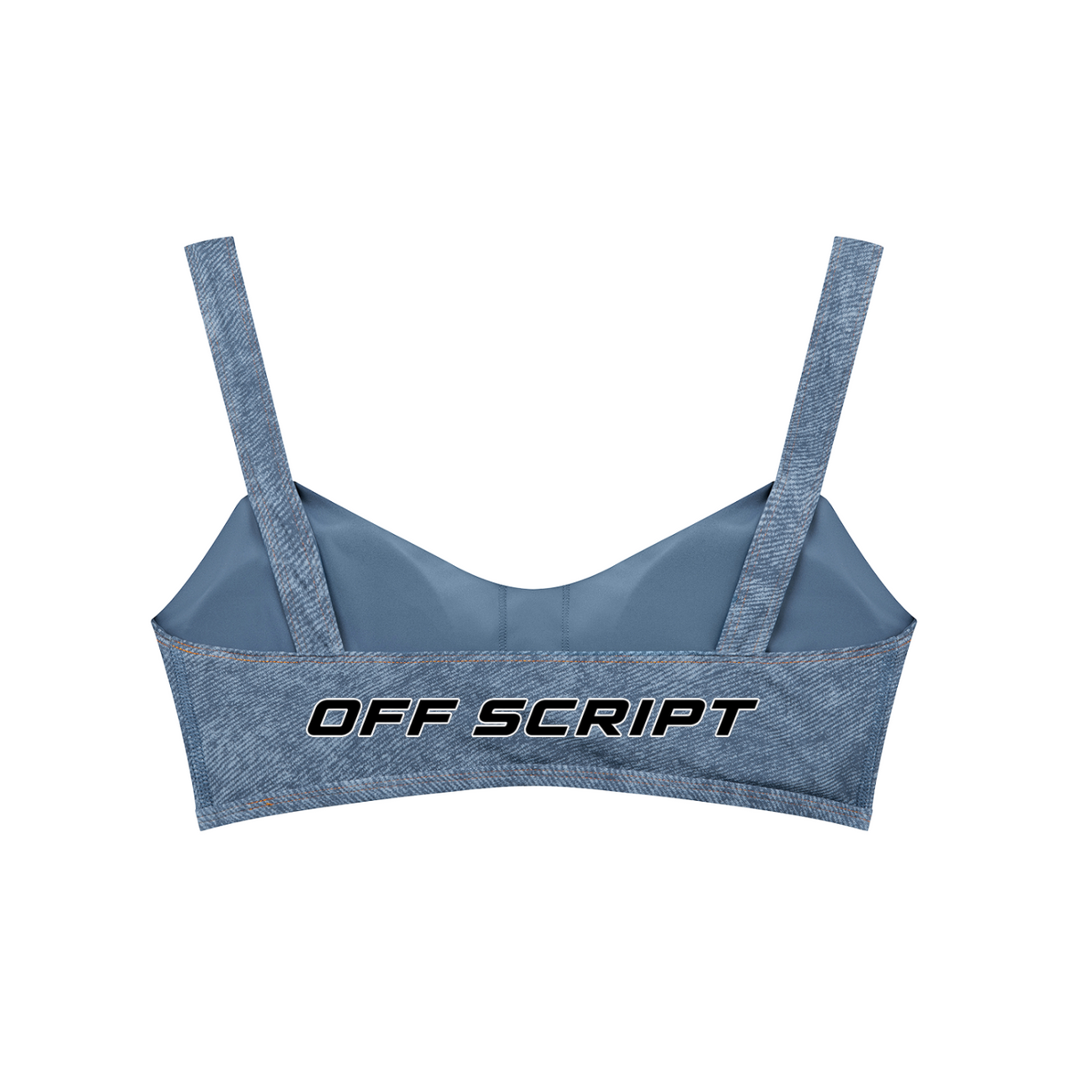 Off Script Women's Faux Denim Sports Bra - Light Blue back 3D mockup