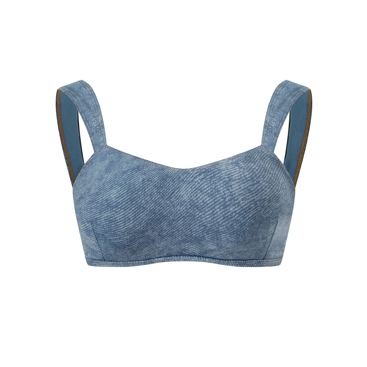 Off Script Women's Faux Denim Sports Bra - Light Blue front 3D mockup