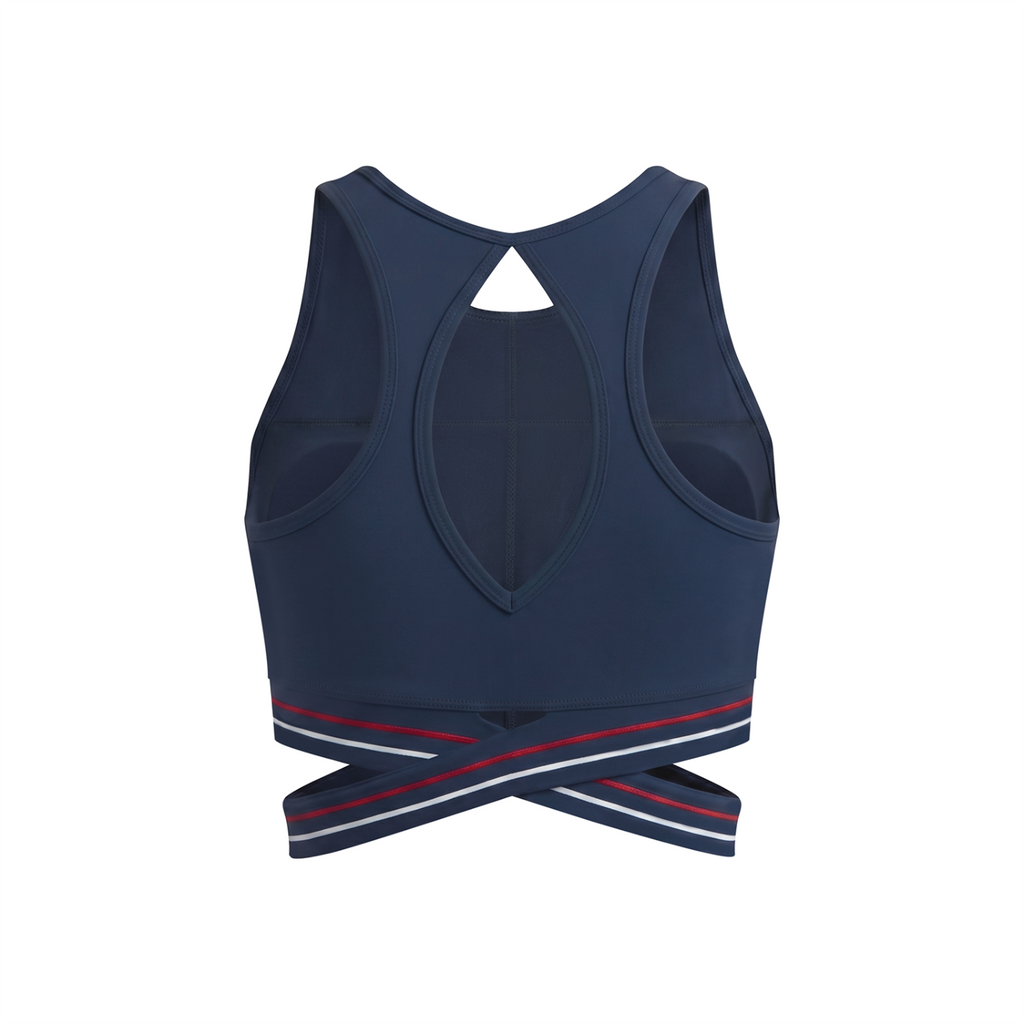 Off Script Women’s Criss-Cross Band Sports Bra - Navy Blue back 3D mockup