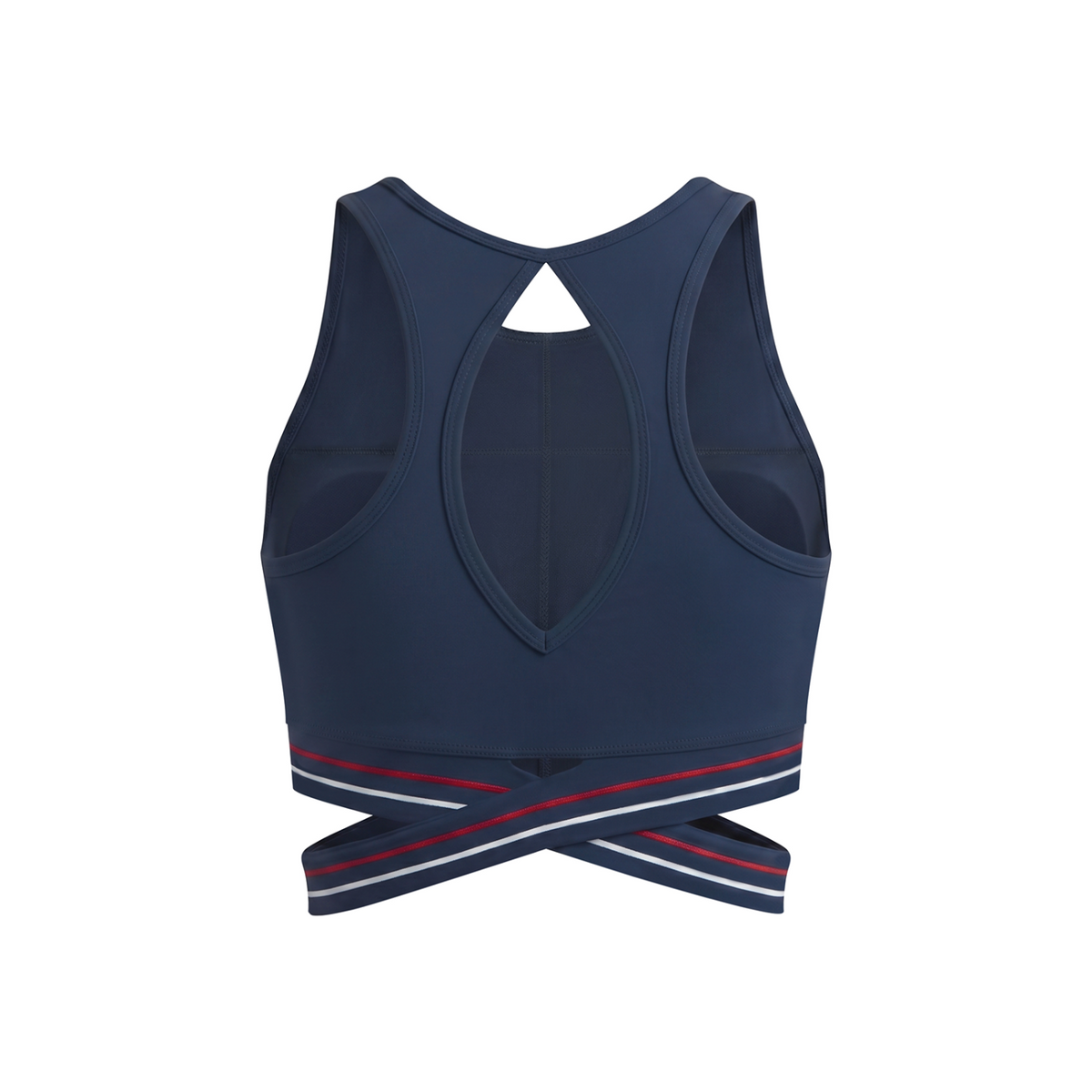 Off Script Women’s Criss-Cross Band Sports Bra - Navy Blue back 3D mockup