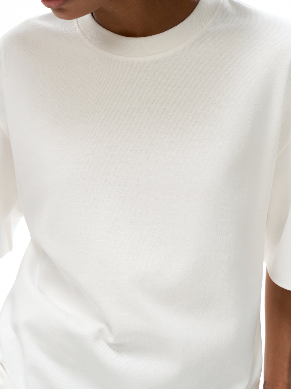 Unisex heavyweight Earth Tone T-shirt in White – upper-body fit detail