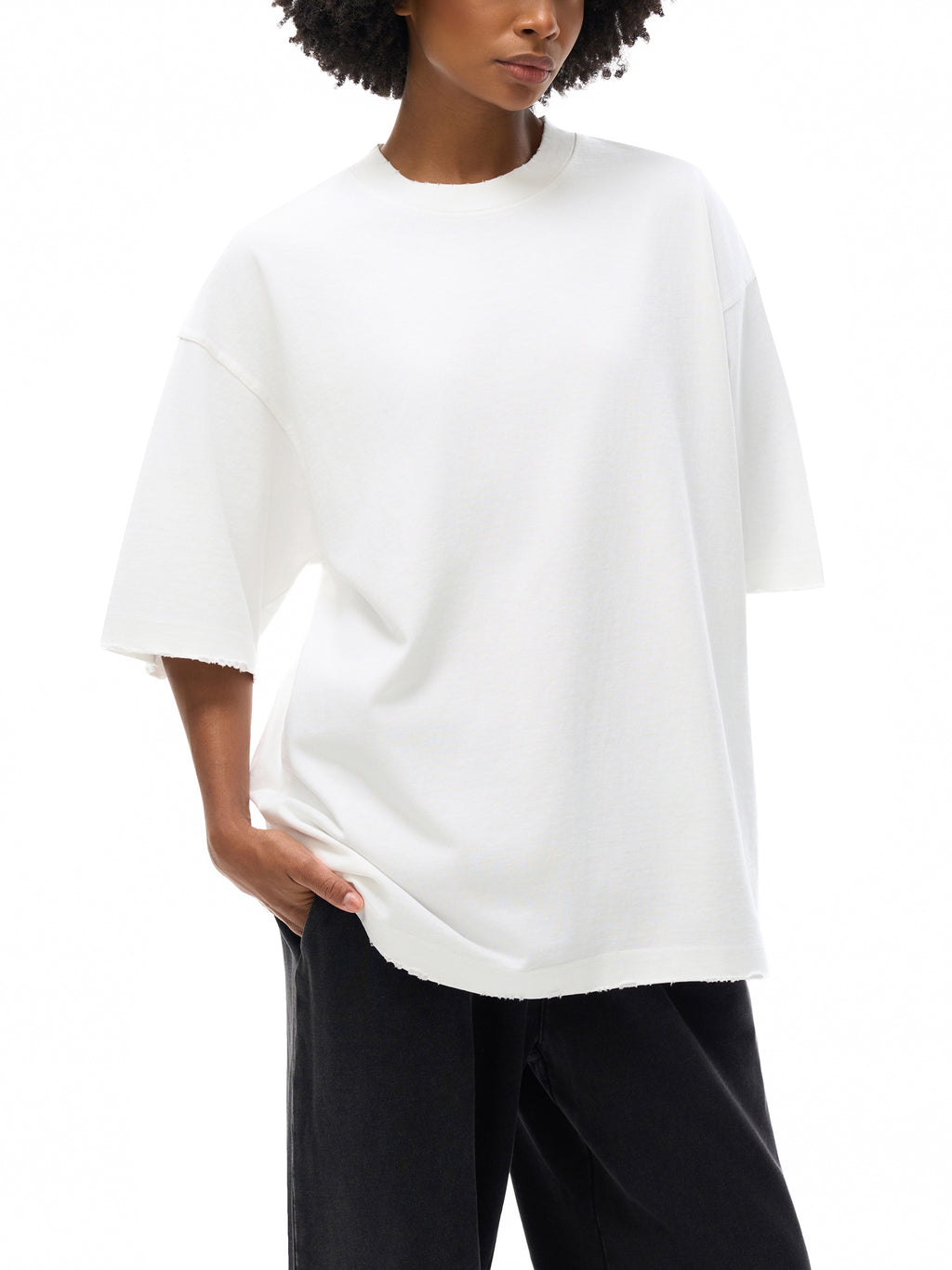 Unisex heavyweight hand-frayed T-shirt in White – front fit view