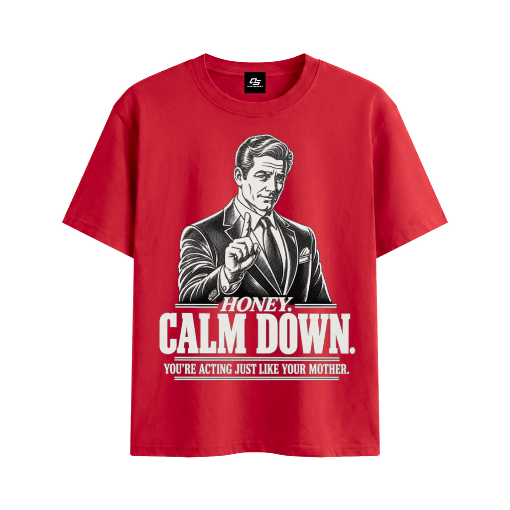 Honey Calm Down Unisex Graphic Cotton T-Shirt - Red front 3D mockup
