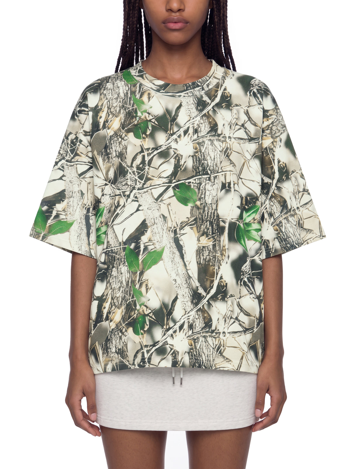 Unisex Tree Camo Boxy T-Shirt on female model front view