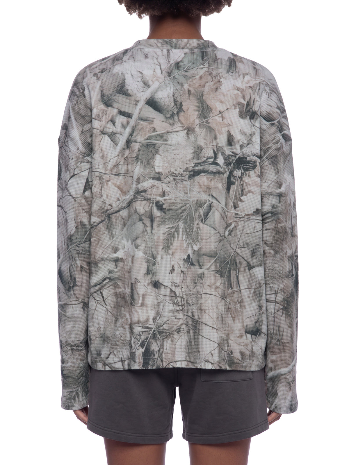 Unisex Tree Camo Waffle T-Shirt on female model back view