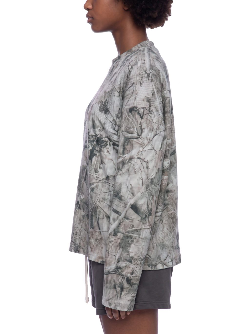 Unisex Tree Camo Waffle T-Shirt on female model side view