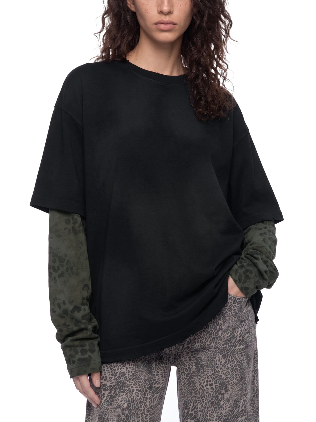 Unisex Vintage Wash Leopard Paneled Layer T-Shirt