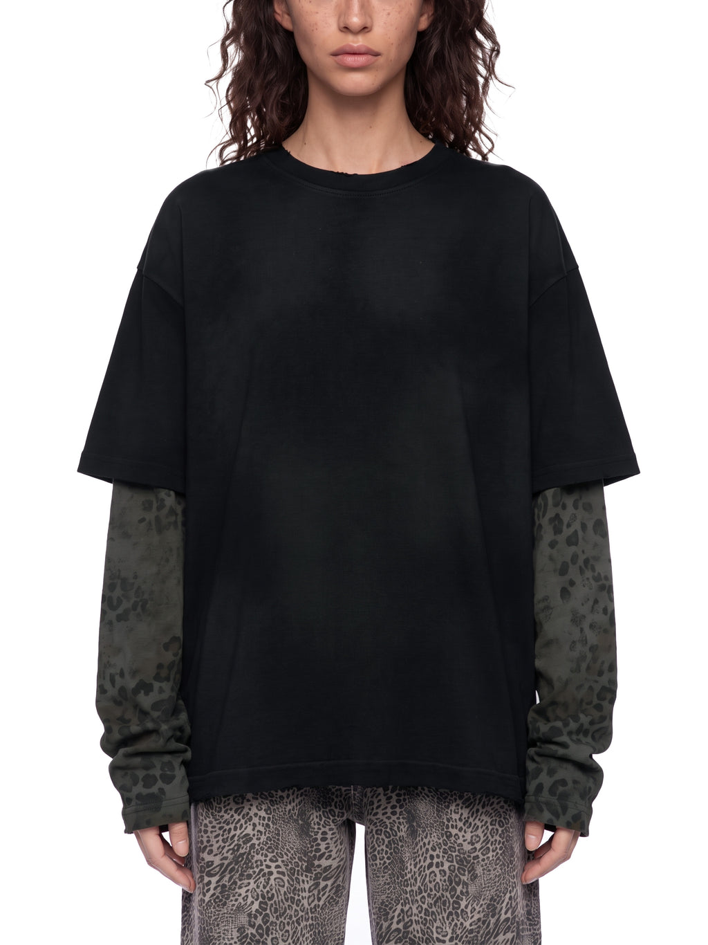 Unisex Vintage Wash Leopard Paneled Layer T-Shirt