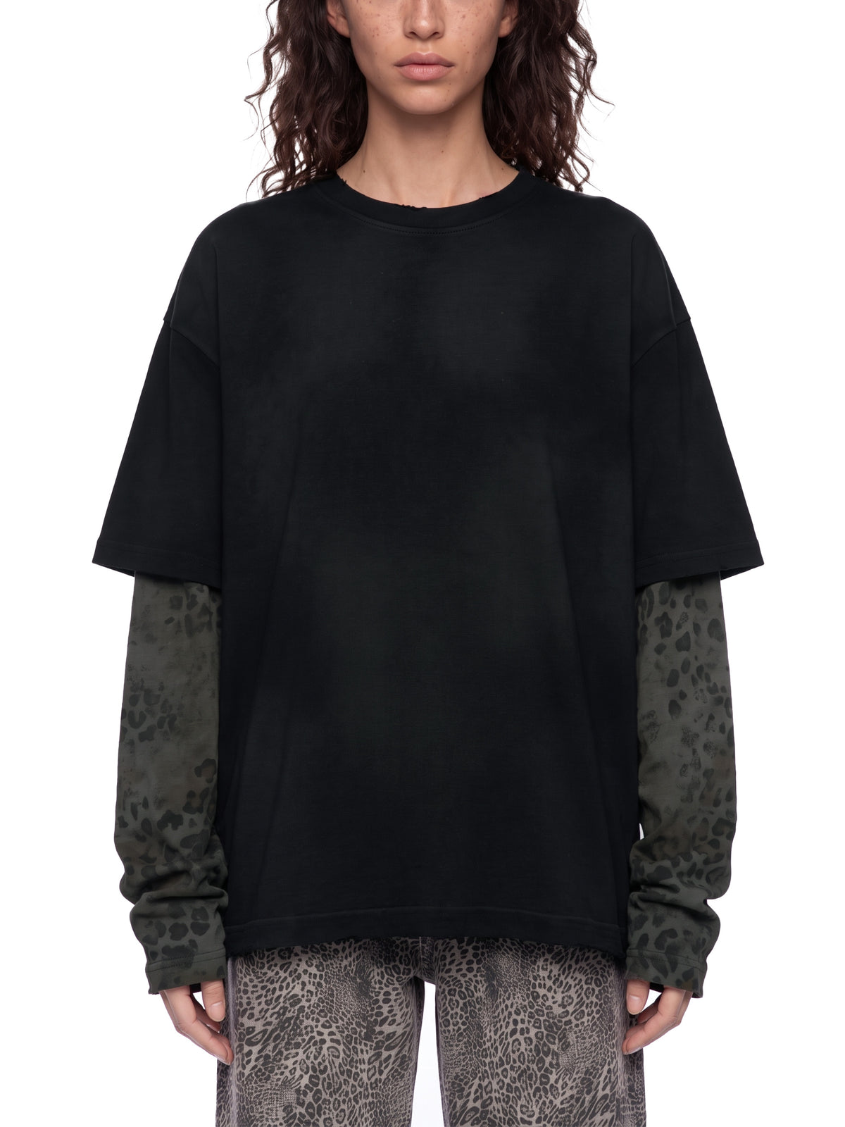 Unisex Vintage Wash Leopard Paneled Layer T-Shirt
