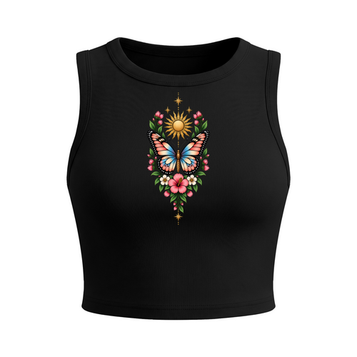 Celestial Butterfly Women’s Crewneck Crop Tank Top V2 - Black front mockup