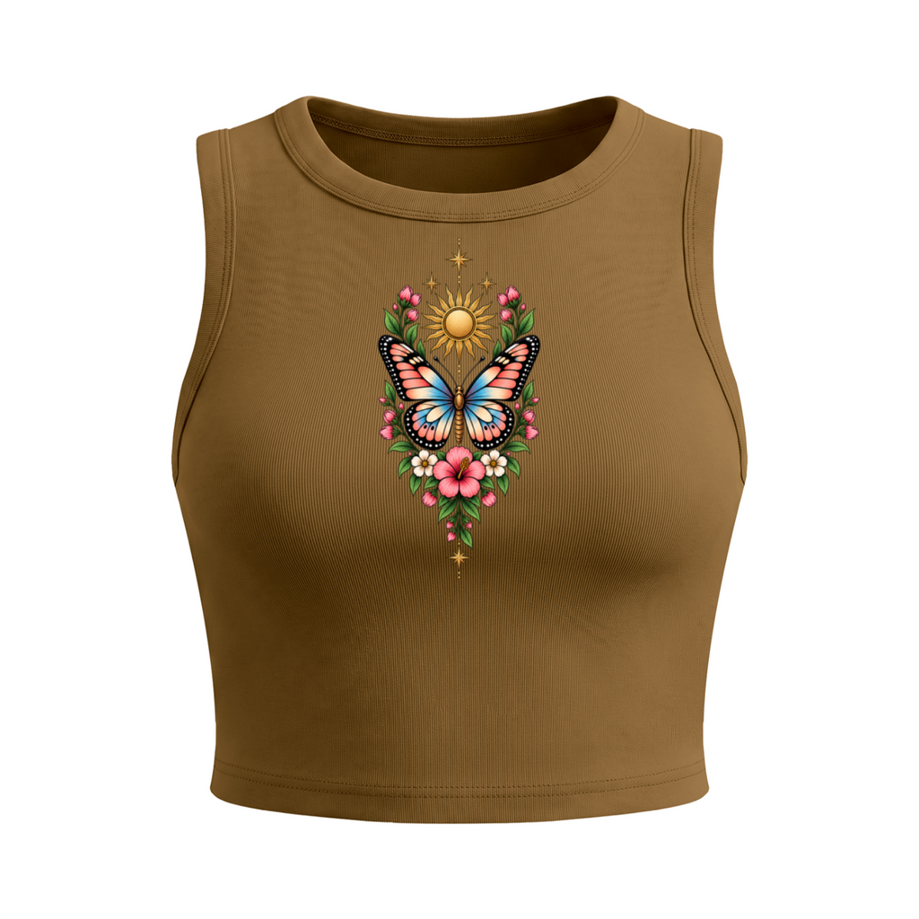 Celestial Butterfly Women’s Crewneck Crop Tank Top V2 - Brown front mockup