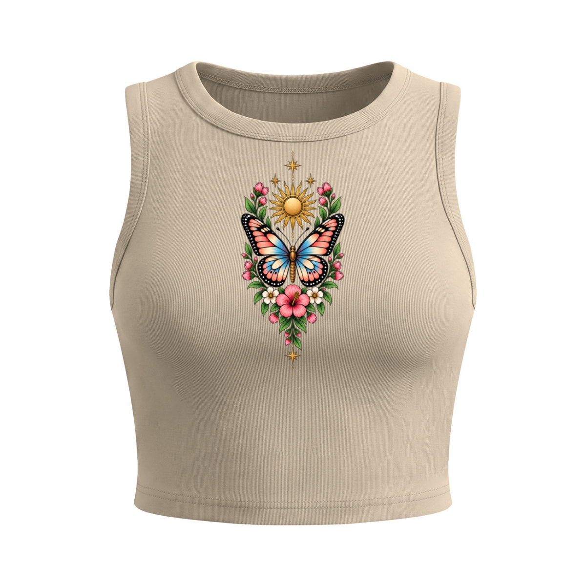 Celestial Butterfly Women’s Crewneck Crop Tank Top V2 - Khaki front mockup