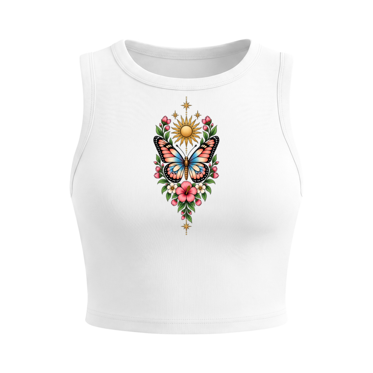 Celestial Butterfly Women’s Crewneck Crop Tank Top V2 - White front mockup