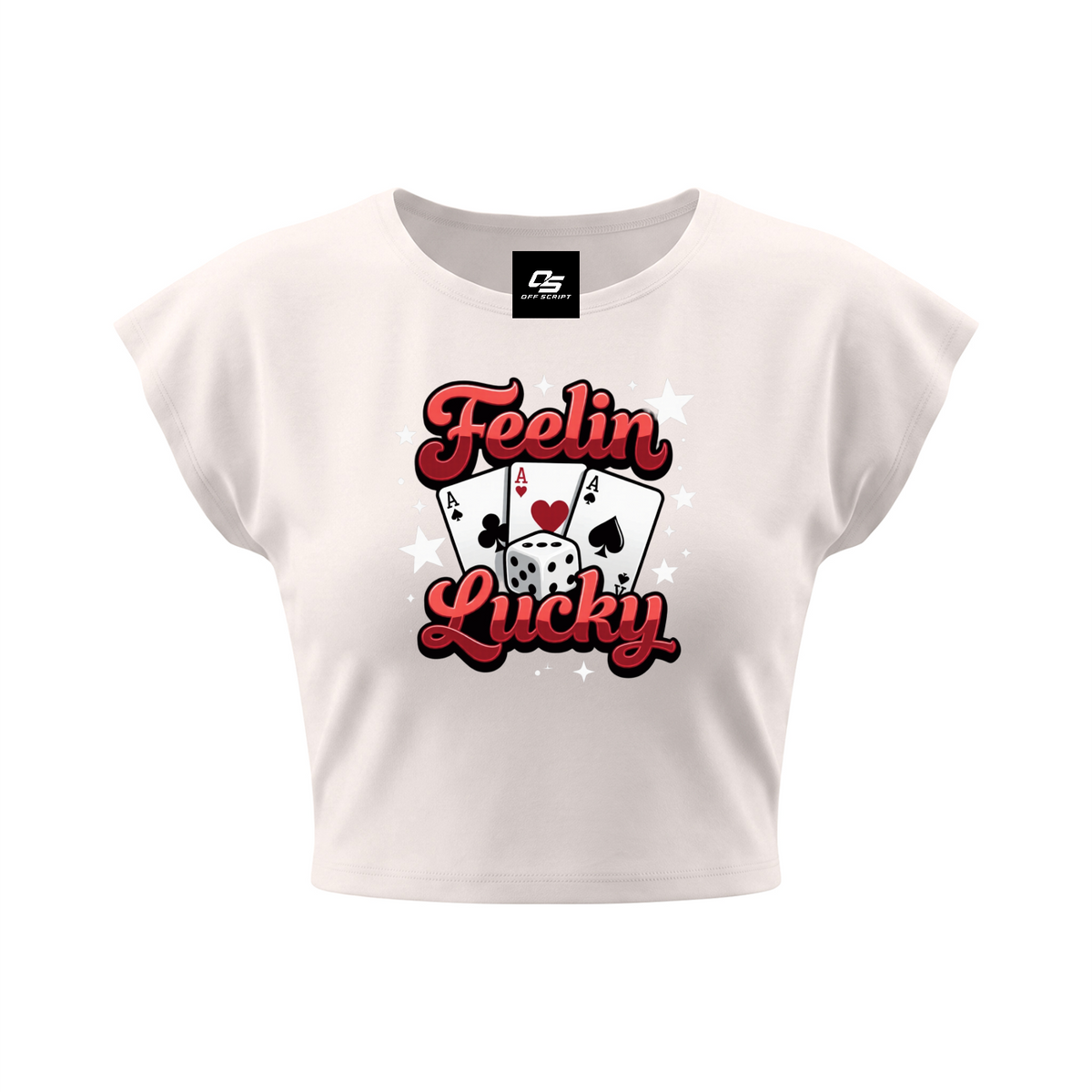 Feelin Lucky Women's Slim Crop Graphic T-Shirt V2 - Apricot front 3D mockup