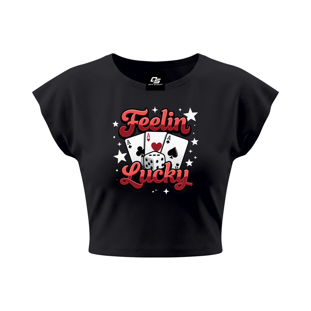 Feelin Lucky Women's Slim Crop Graphic T-Shirt V2 - Black front 3D mockup