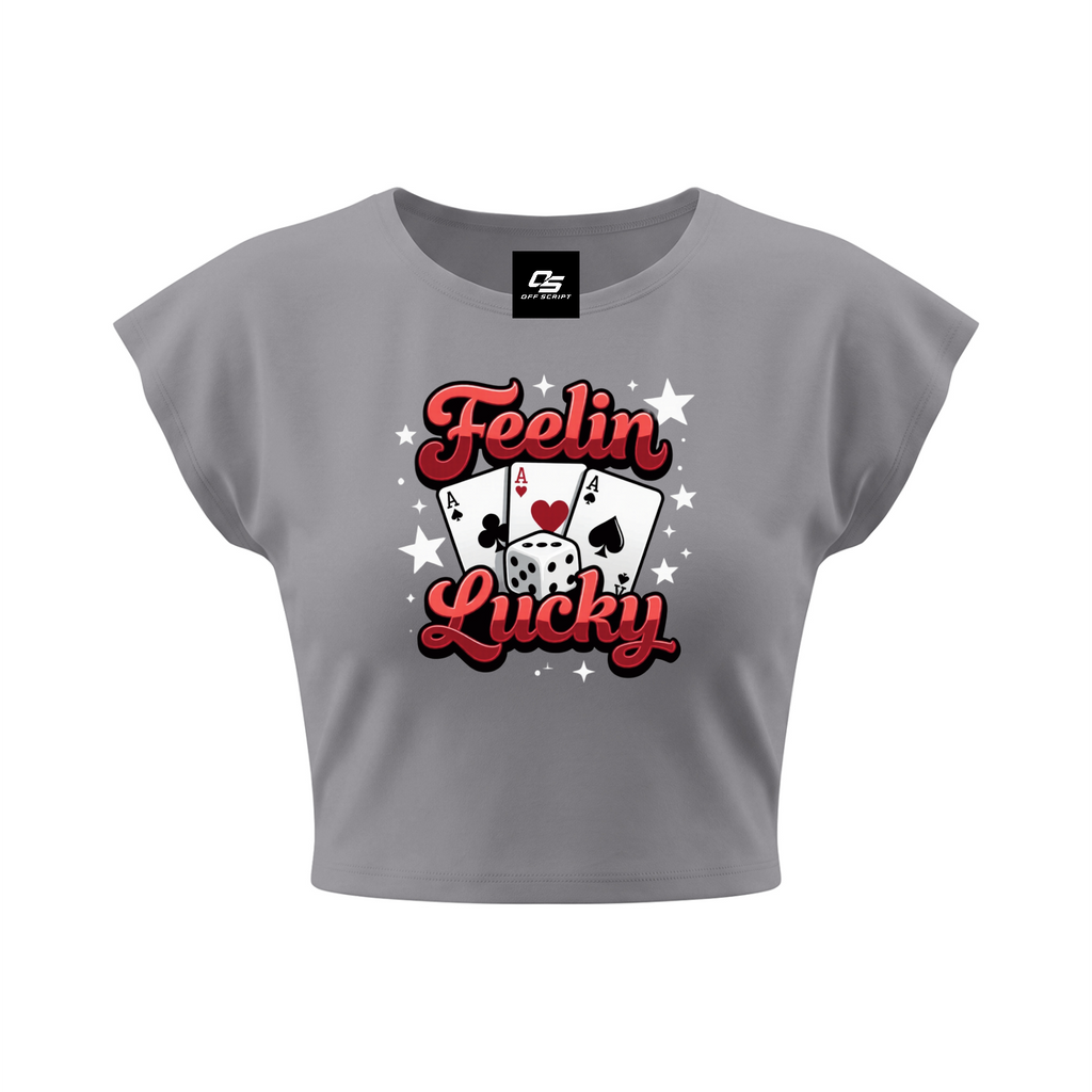 Feelin Lucky Women's Slim Crop Graphic T-Shirt V2 - Gray front 3D mockup