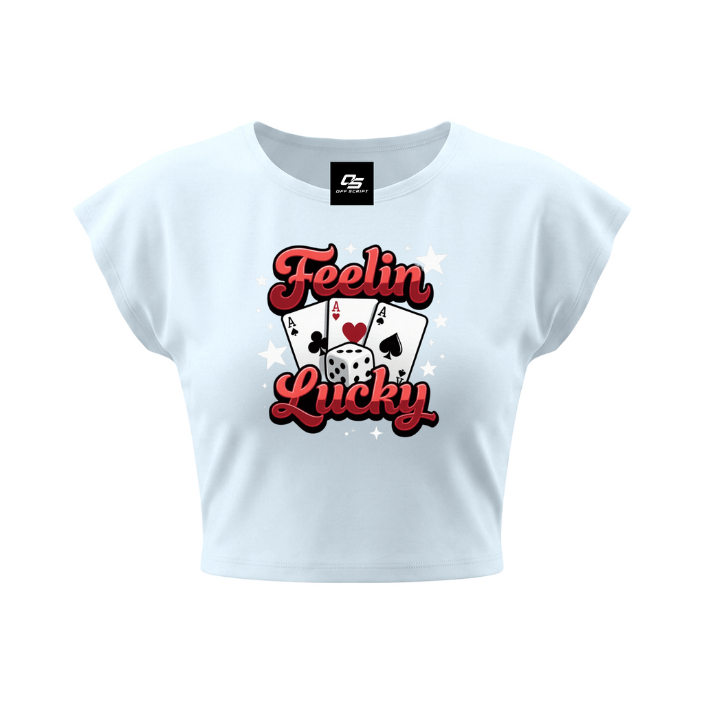 Feelin Lucky Women's Slim Crop Graphic T-Shirt V2 - Light Blue front 3D mockup