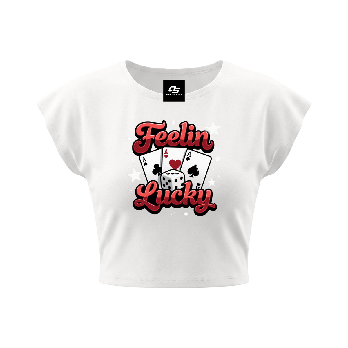 Feelin Lucky Women's Slim Crop Graphic T-Shirt V2 - White front 3D mockup