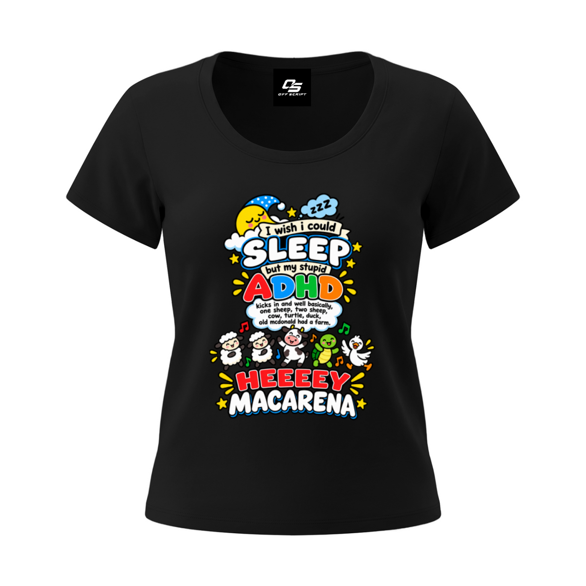 ADHD Macarena Women's Tencel Baby T-Shirt V2 - Black front 3D mockup