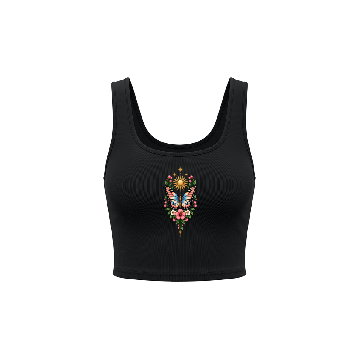 Celestial Butterfly Women’s Cropped Tank Top V2 - Black front mockup