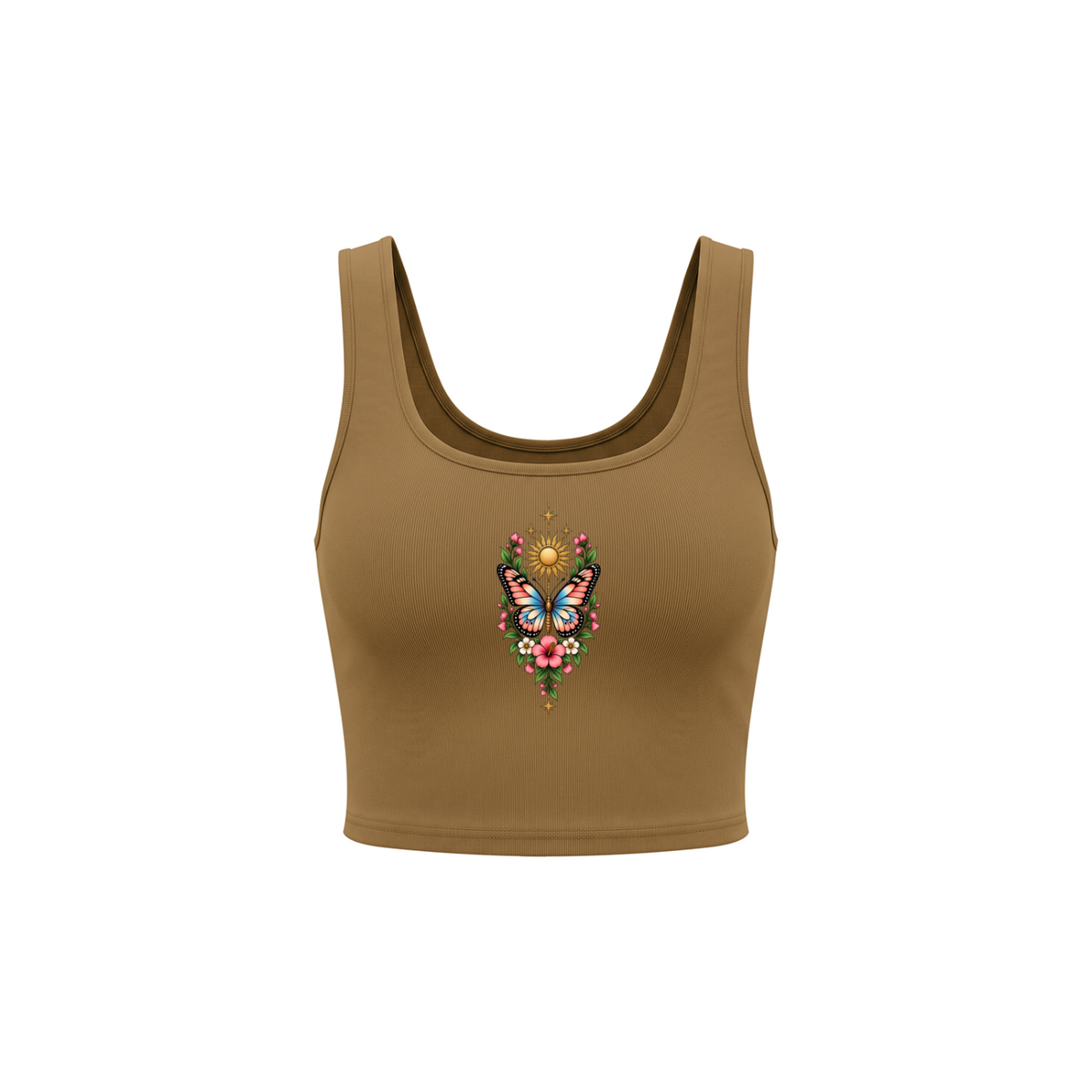Celestial Butterfly Women’s Cropped Tank Top V2 - Brown front mockup