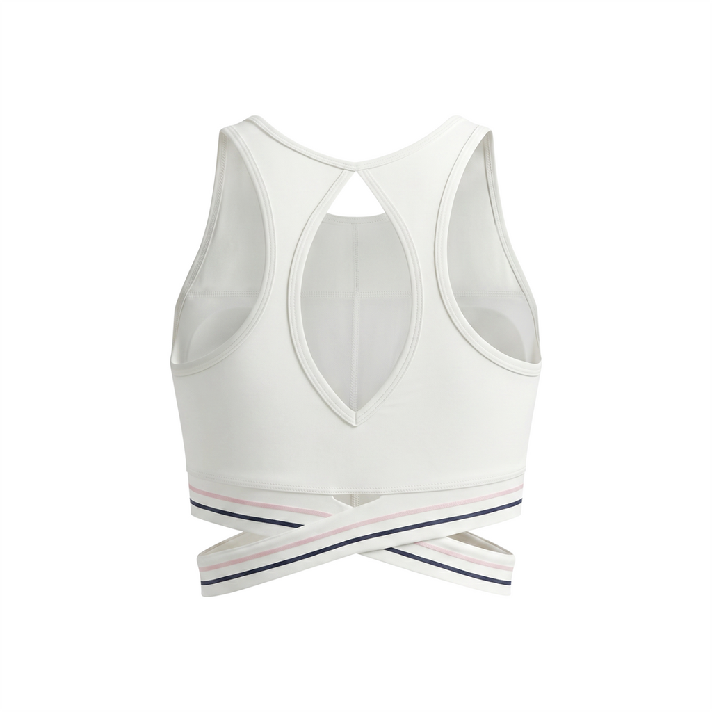 Off Script Women’s Criss-Cross Band Sports Bra - White back 3D mockup