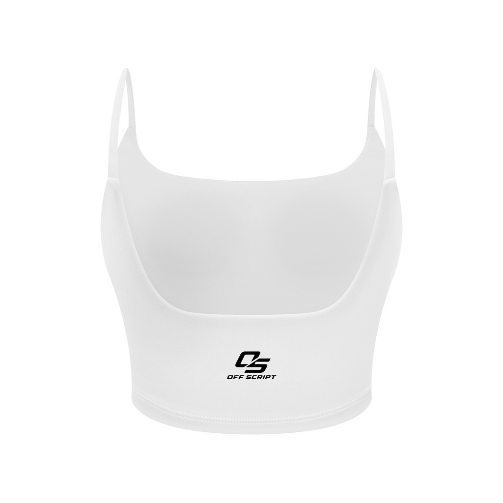 Off Script Women's Solid Color Sports Bra - White back 3D mockup