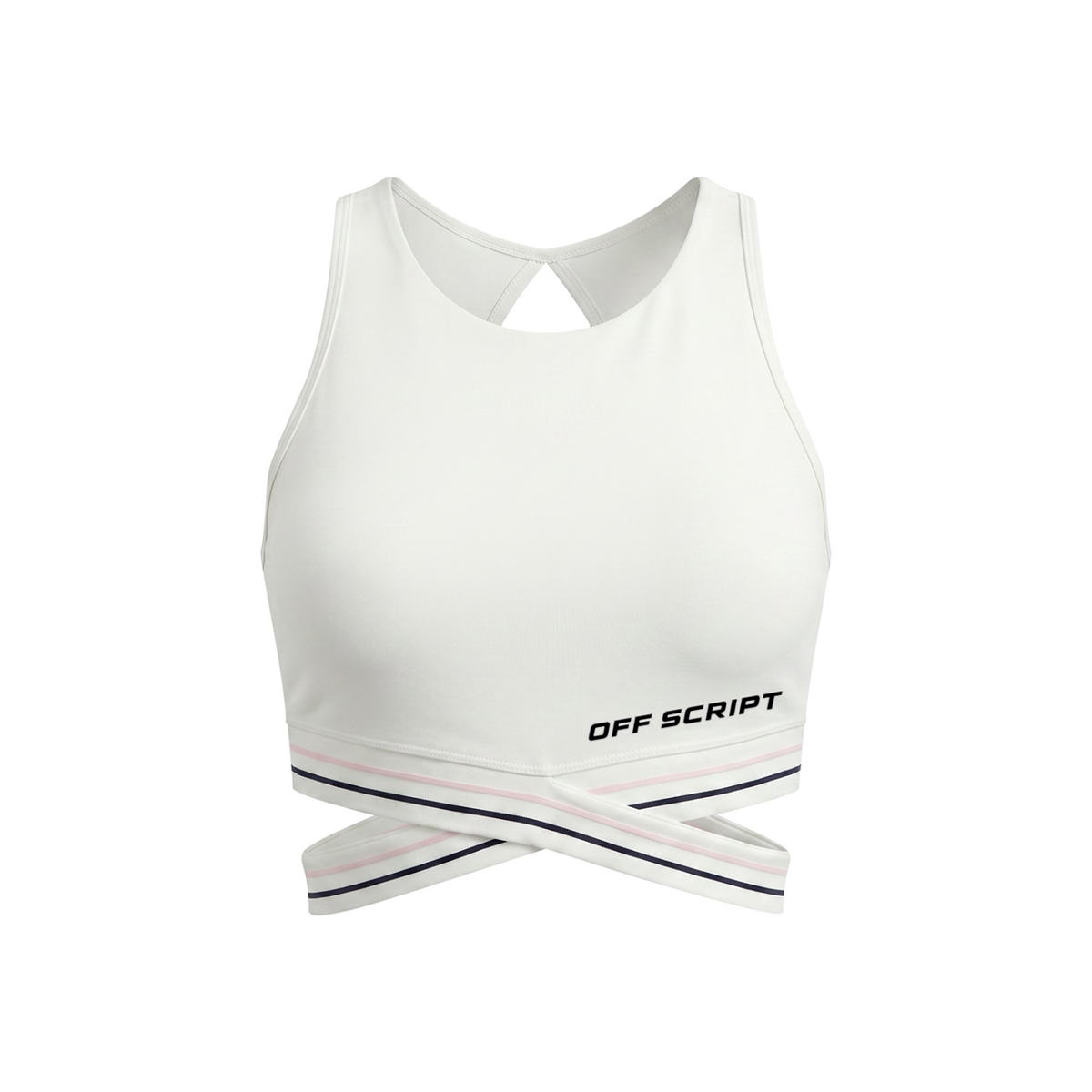 Off Script Women’s Criss-Cross Band Sports Bra - White front 3D mockup