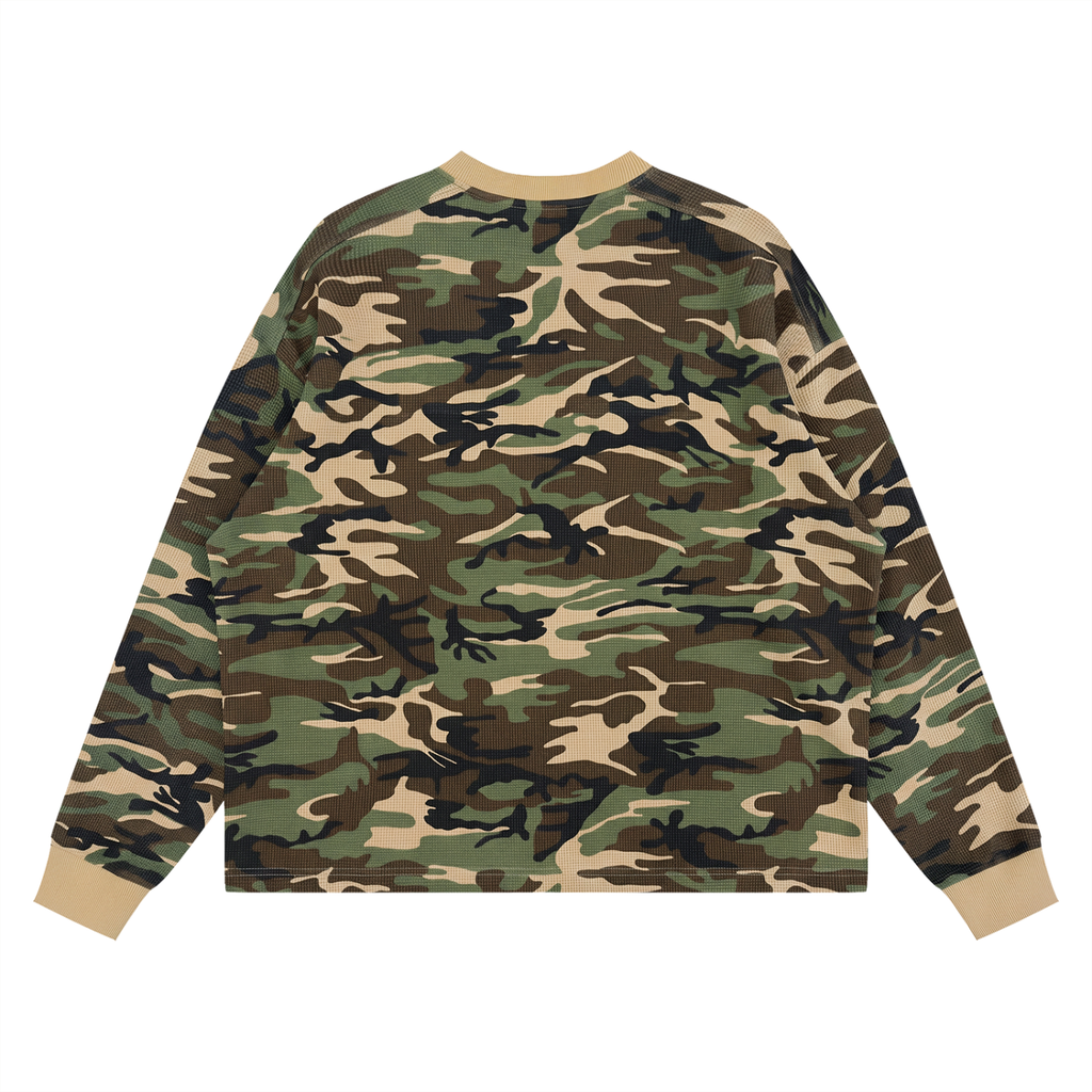Off Script Waffle Boxy Long Sleeve T-Shirt - Khaki Camo back view