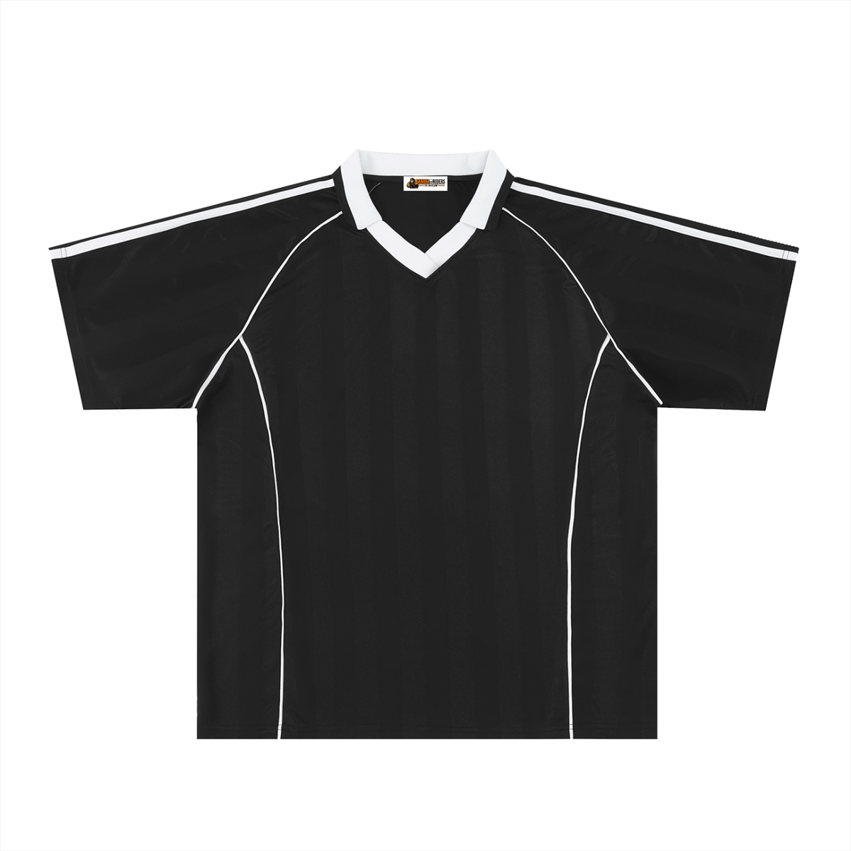 Black with White Unisex Shadow-Stripe Collared Soccer Jersey front view