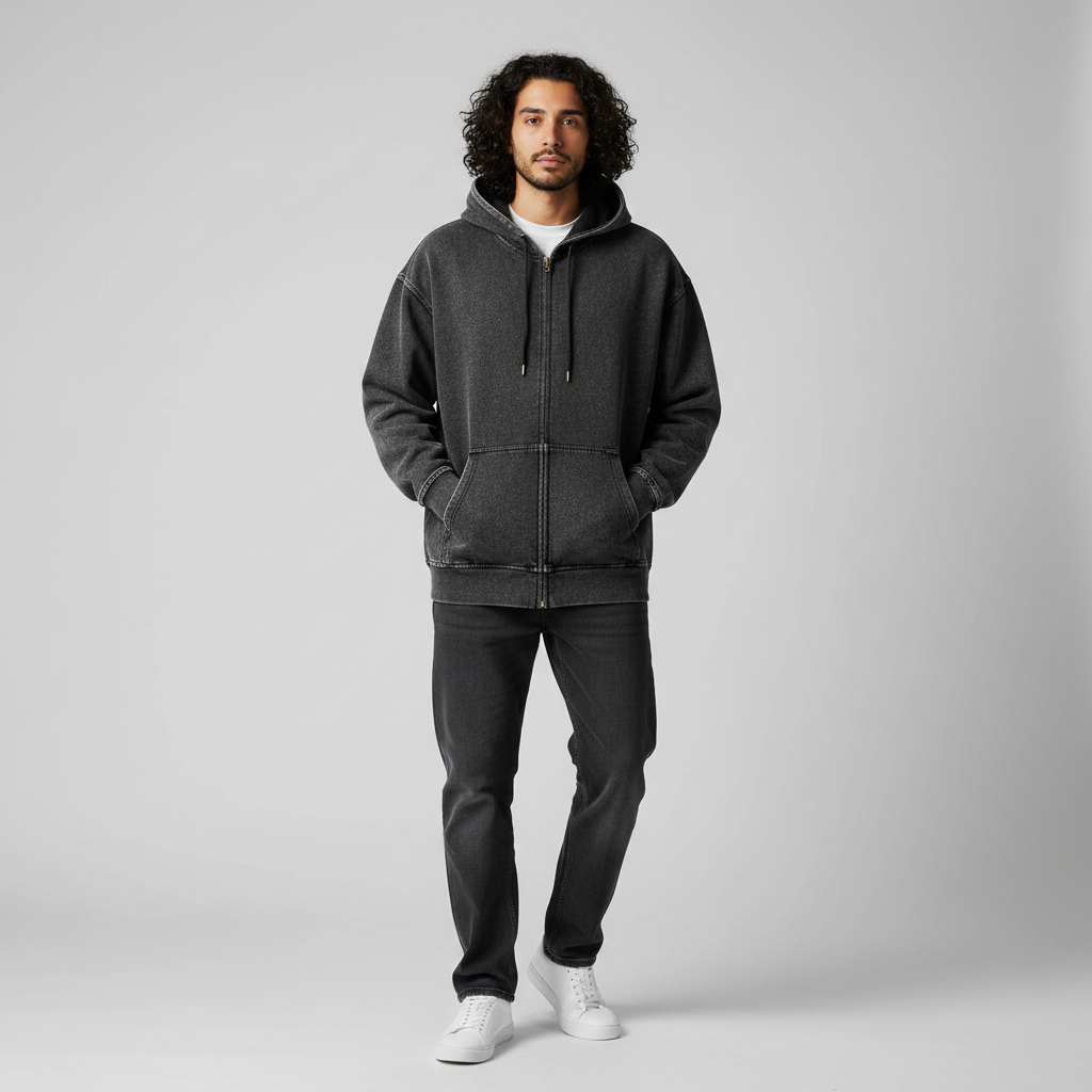 Snow Wash Oversized Zip-Up Hoodie