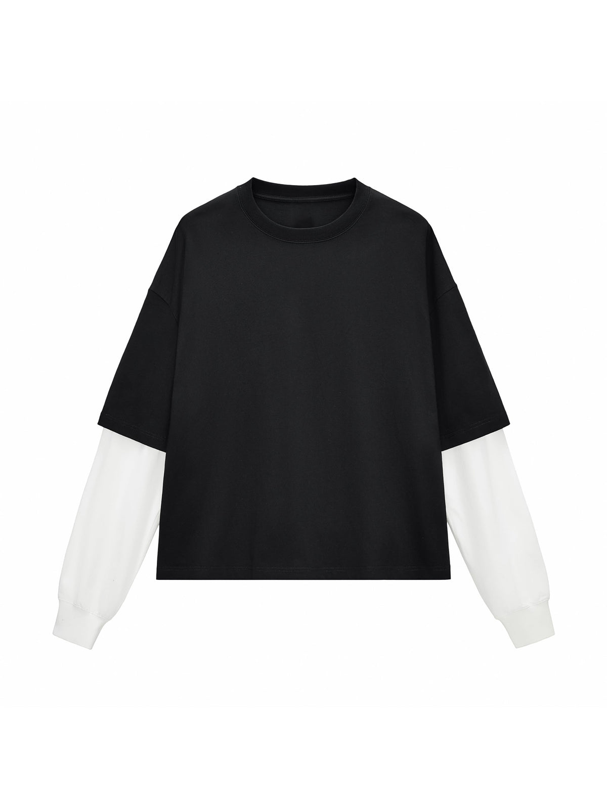 Black with White Unisex Layered Contrast-Sleeve Long-Sleeve T-Shirt front view