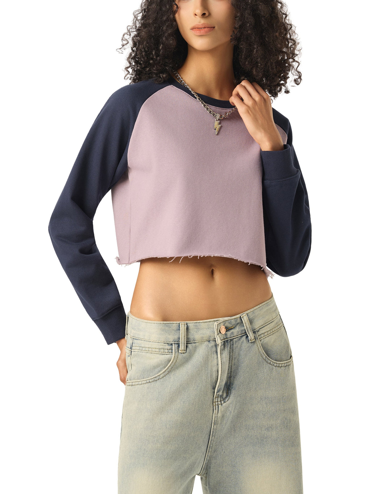 Raw-Hem Colour-Block Raglan Crop Sweatshirt