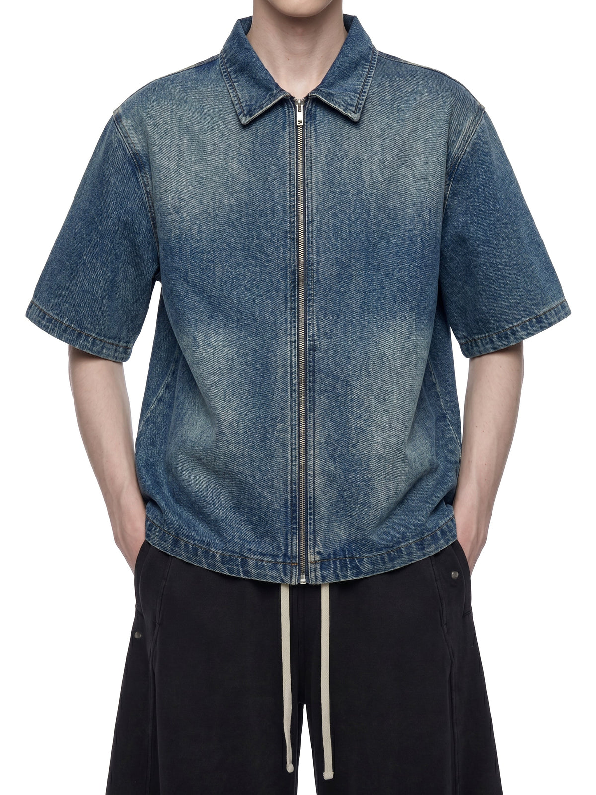 Unisex Vintage Washed Full-Zip Denim Shirt