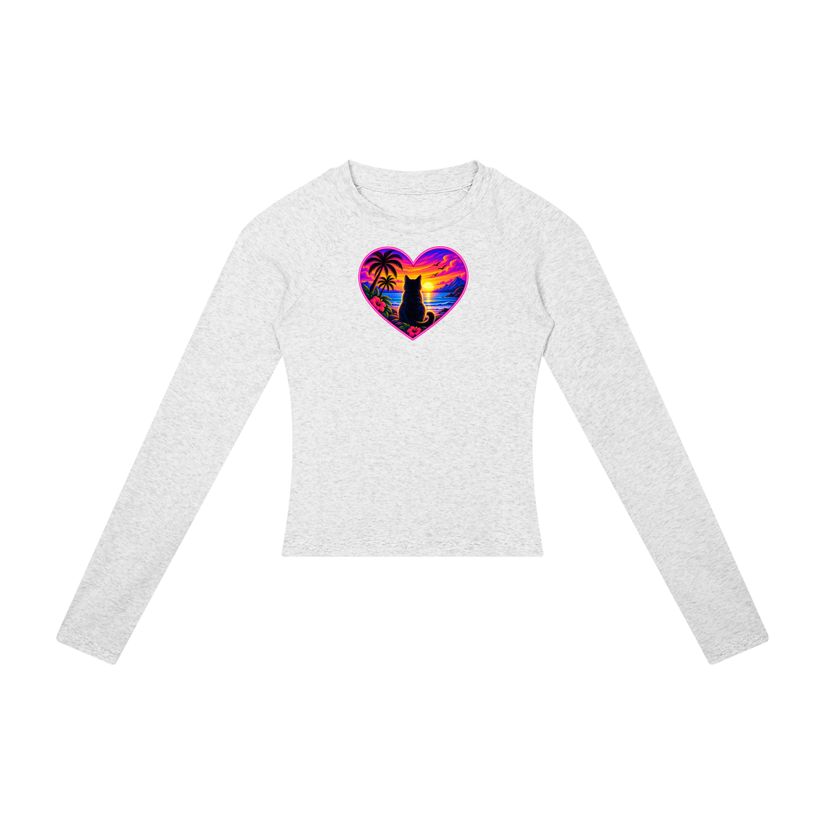 Sunset Cat Heart Women's Raglan Long Sleeve Crop T-Shirt