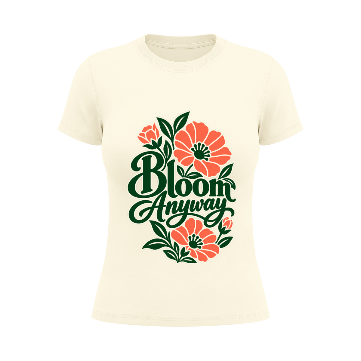 Bloom Anyway women's graphic T-shirt in Apricot – front mockup