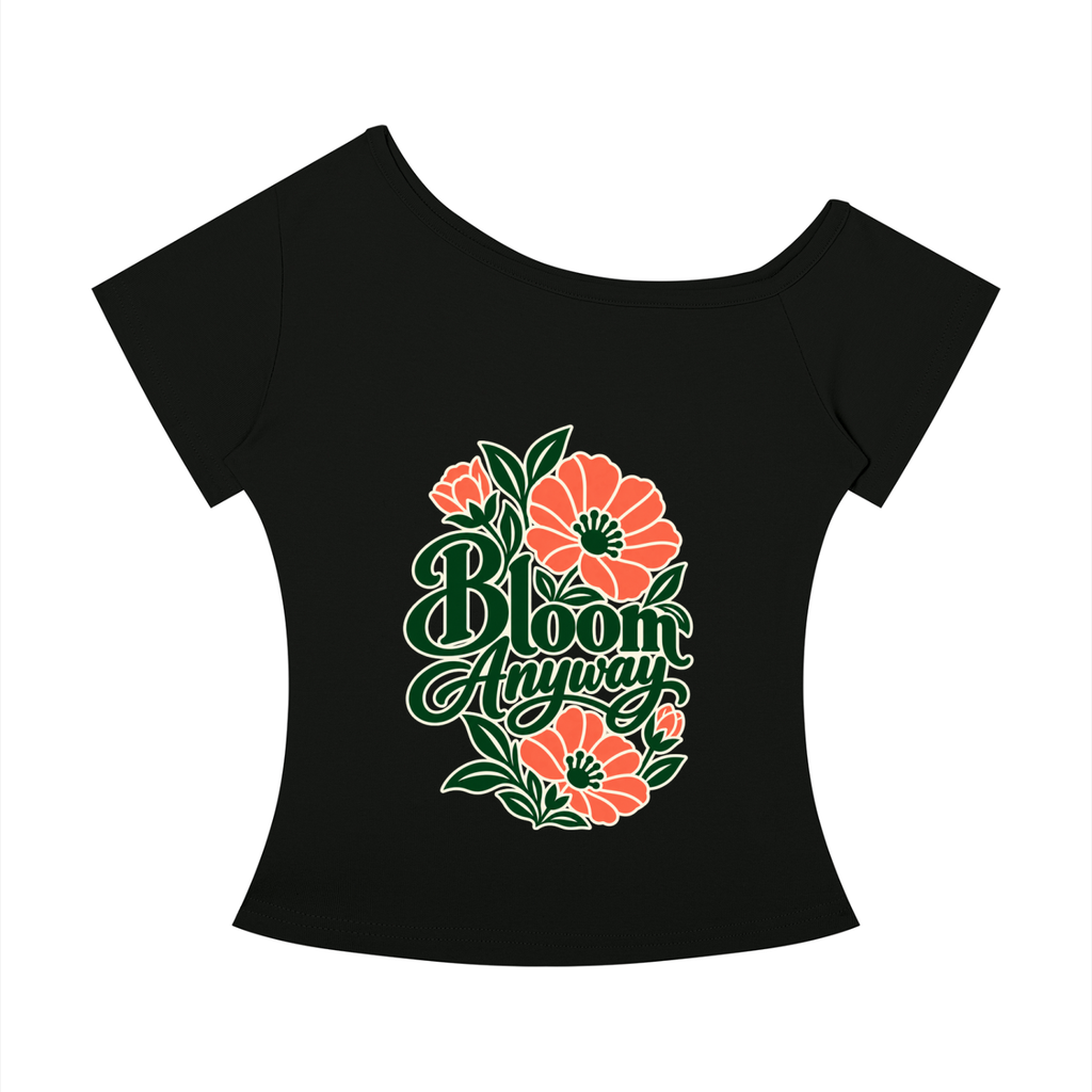 Bloom Anyway women’s off-the-shoulder T-shirt in Black – front