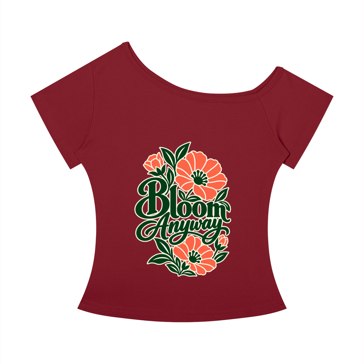 Bloom Anyway women’s off-the-shoulder T-shirt in Wine Red – front