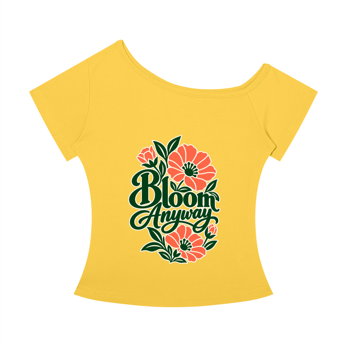 Bloom Anyway women’s off-the-shoulder T-shirt in Yellow – front