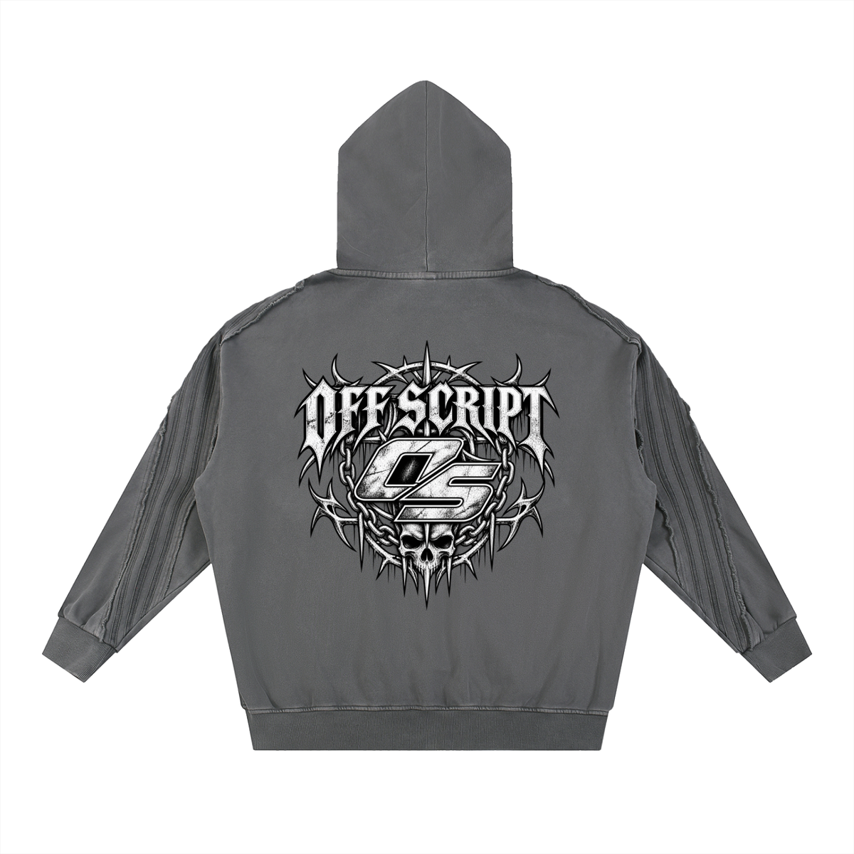 Dark Gray Off Script Snow-Washed Tape Raw-Edge Zip Hoodie