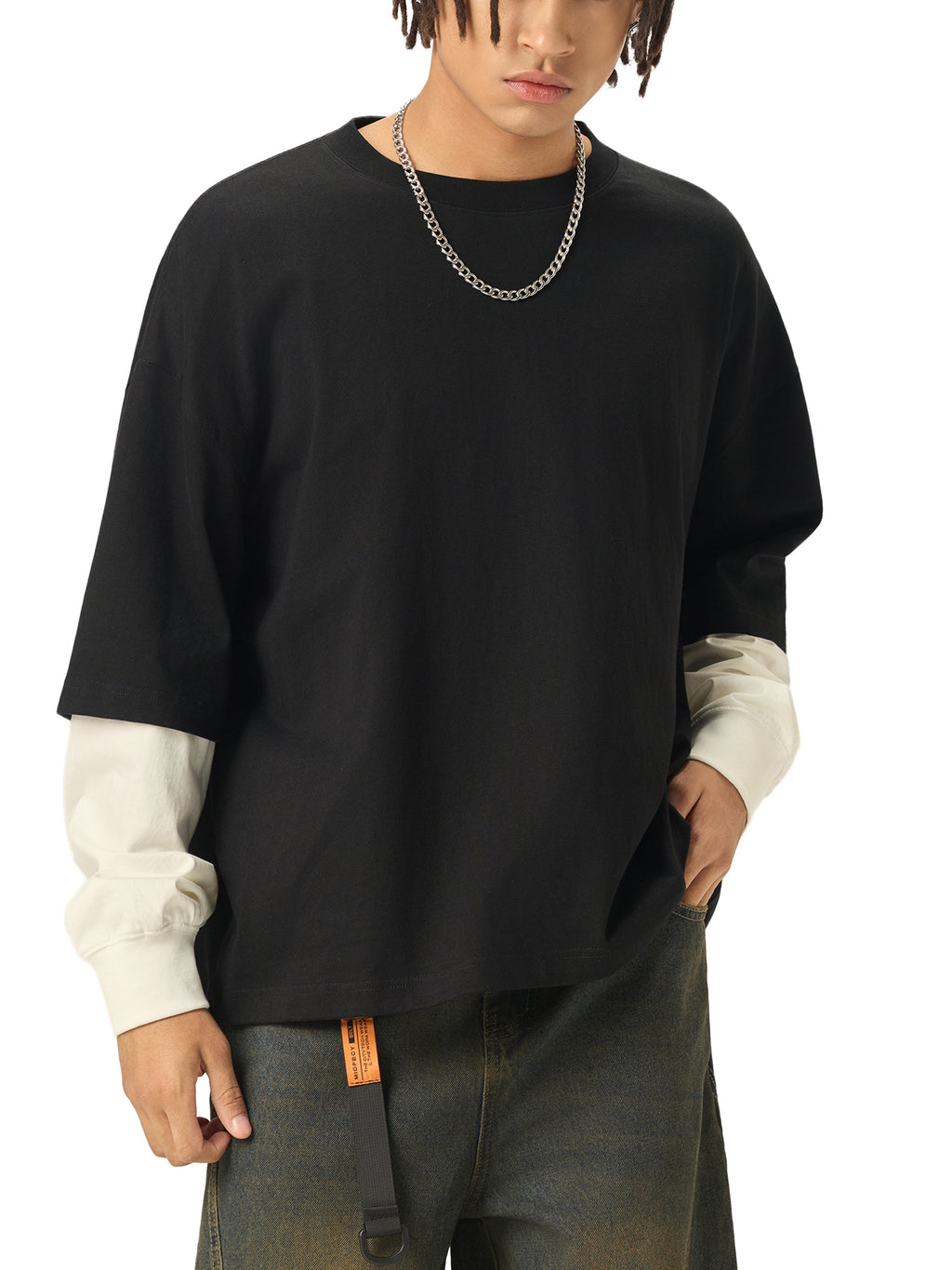 Unisex Layered Contrast-Sleeve Long-Sleeve T-Shirt gallery view