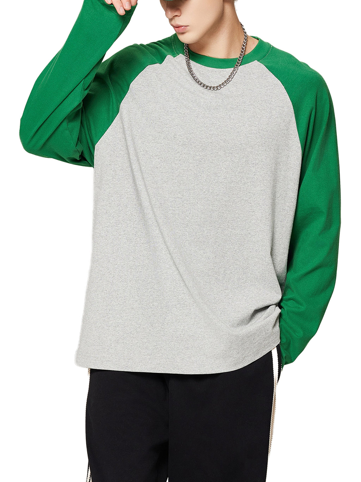 Unisex colour-blocked raglan long-sleeve T-shirt lifestyle view