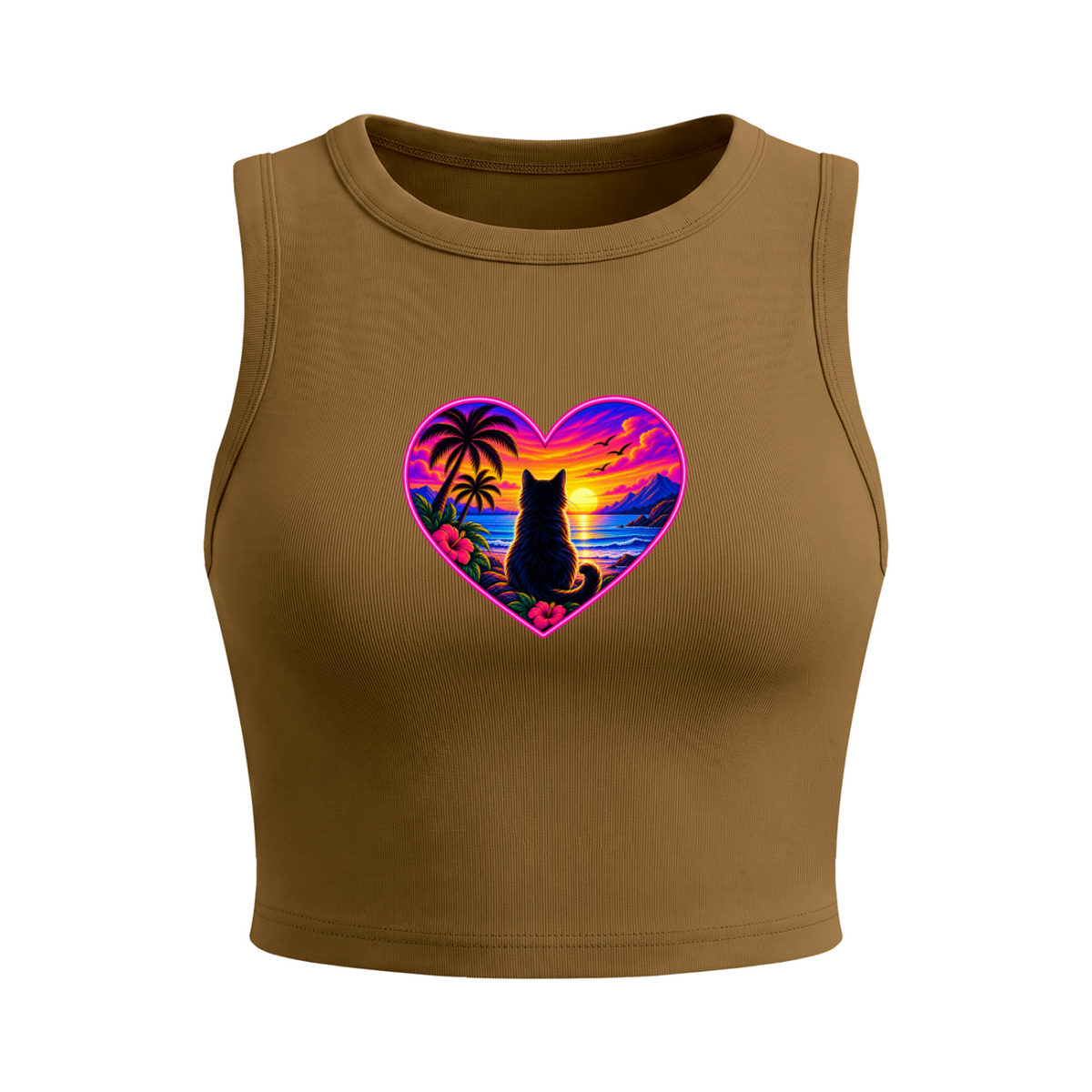 Tropical Sunset Cat Heart Women's Fitted Crop Tank Top