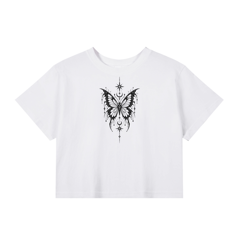 Celestial Butterfly women’s cropped T-shirt in white – front