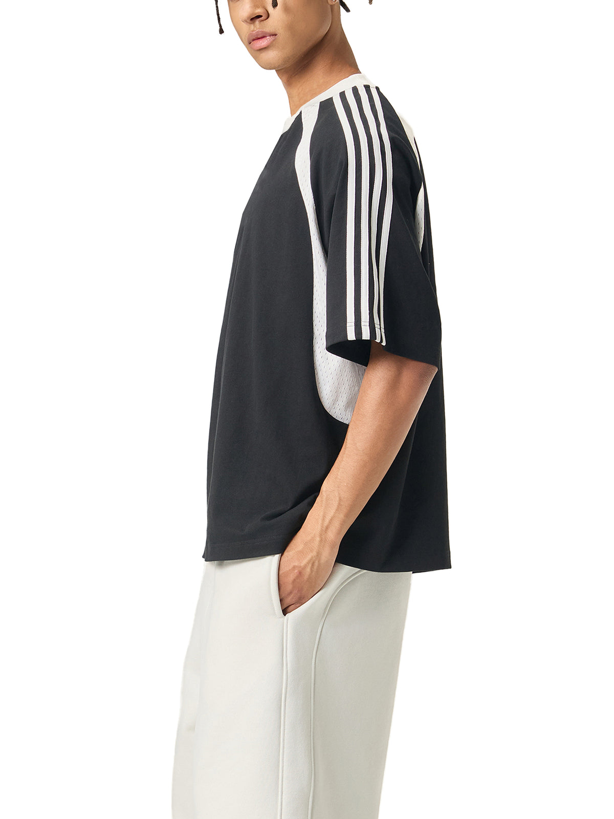 Black with White Contrast Stripes Panel Mesh T-Shirt on model side view