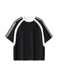 Black with White Contrast Stripes Panel Mesh T-Shirt front product view