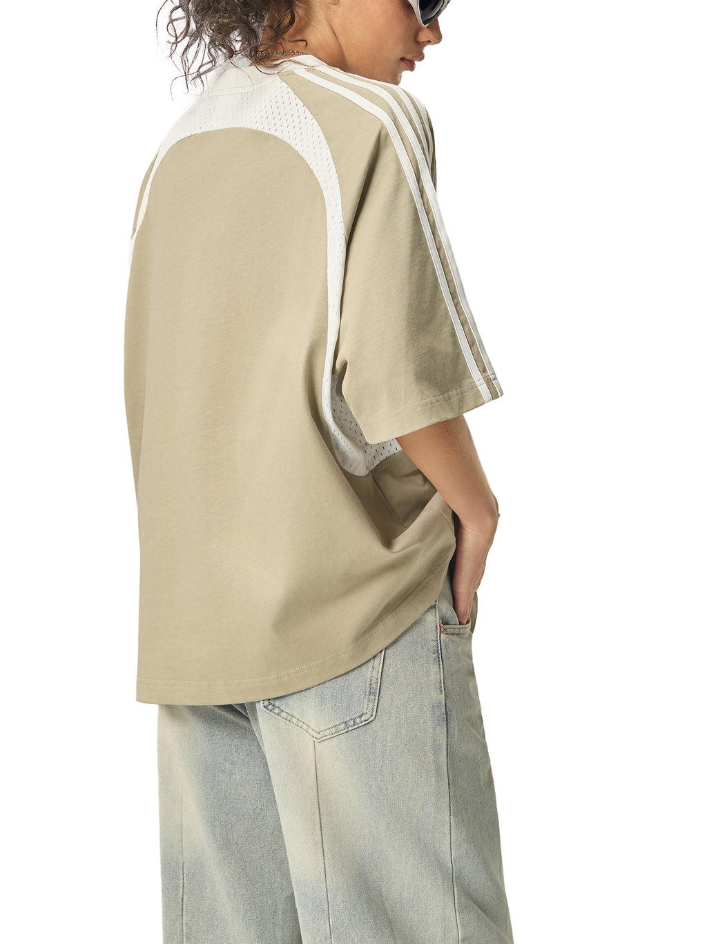Grey Green with White Unisex Contrast-Stripe Panel Mesh T-Shirt on model back side view
