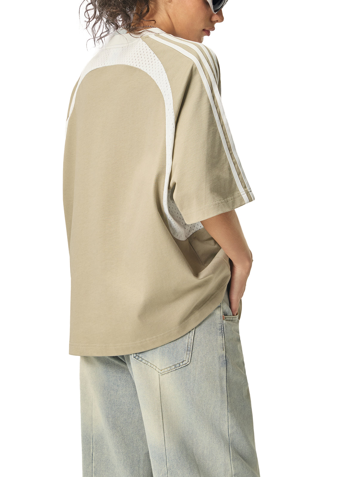 Grey Green with White Unisex Contrast-Stripe Panel Mesh T-Shirt on model back side view