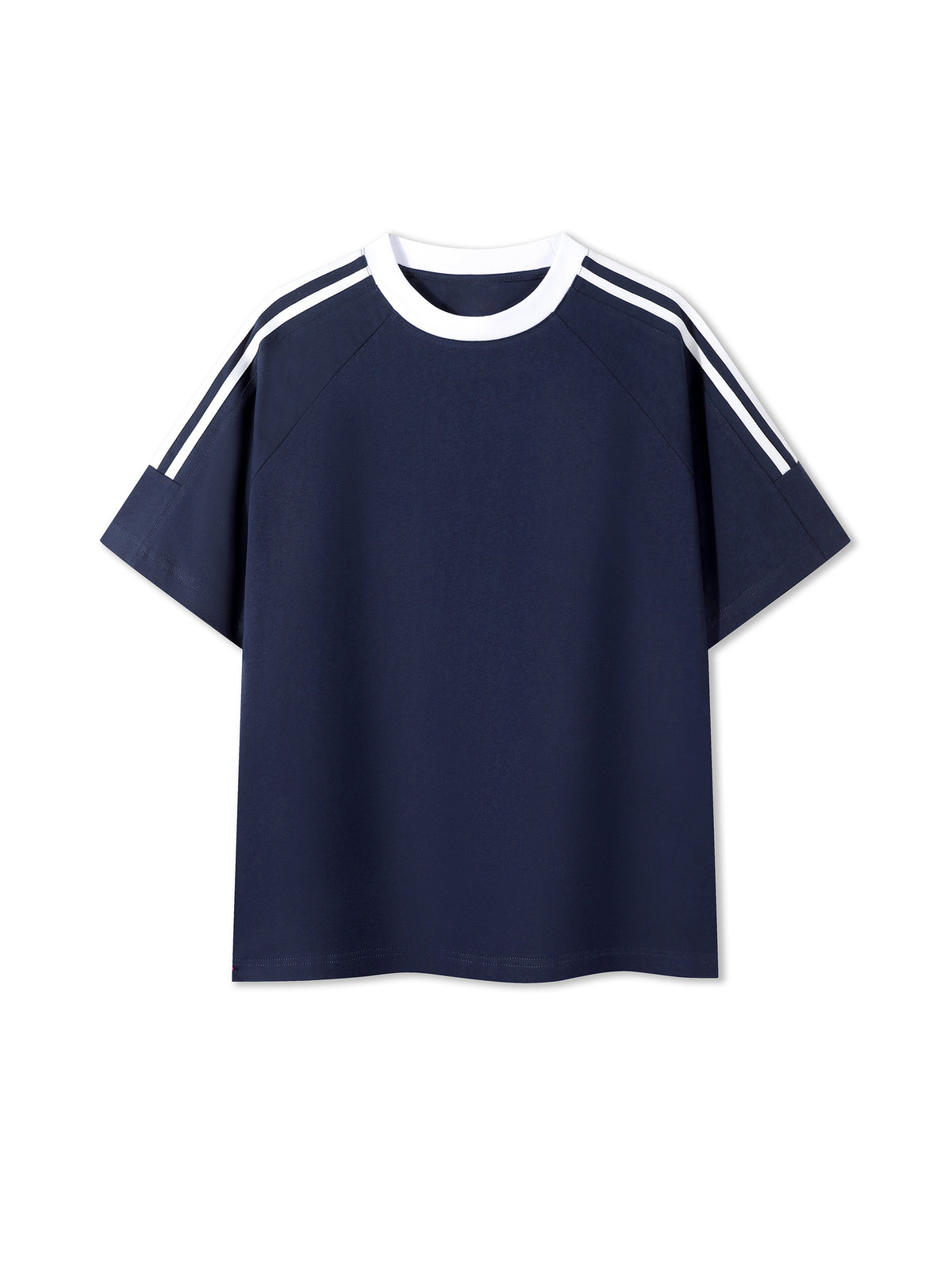 Off Script Contrast Tape Crewneck Cotton T-Shirt - Navy Blue front view
