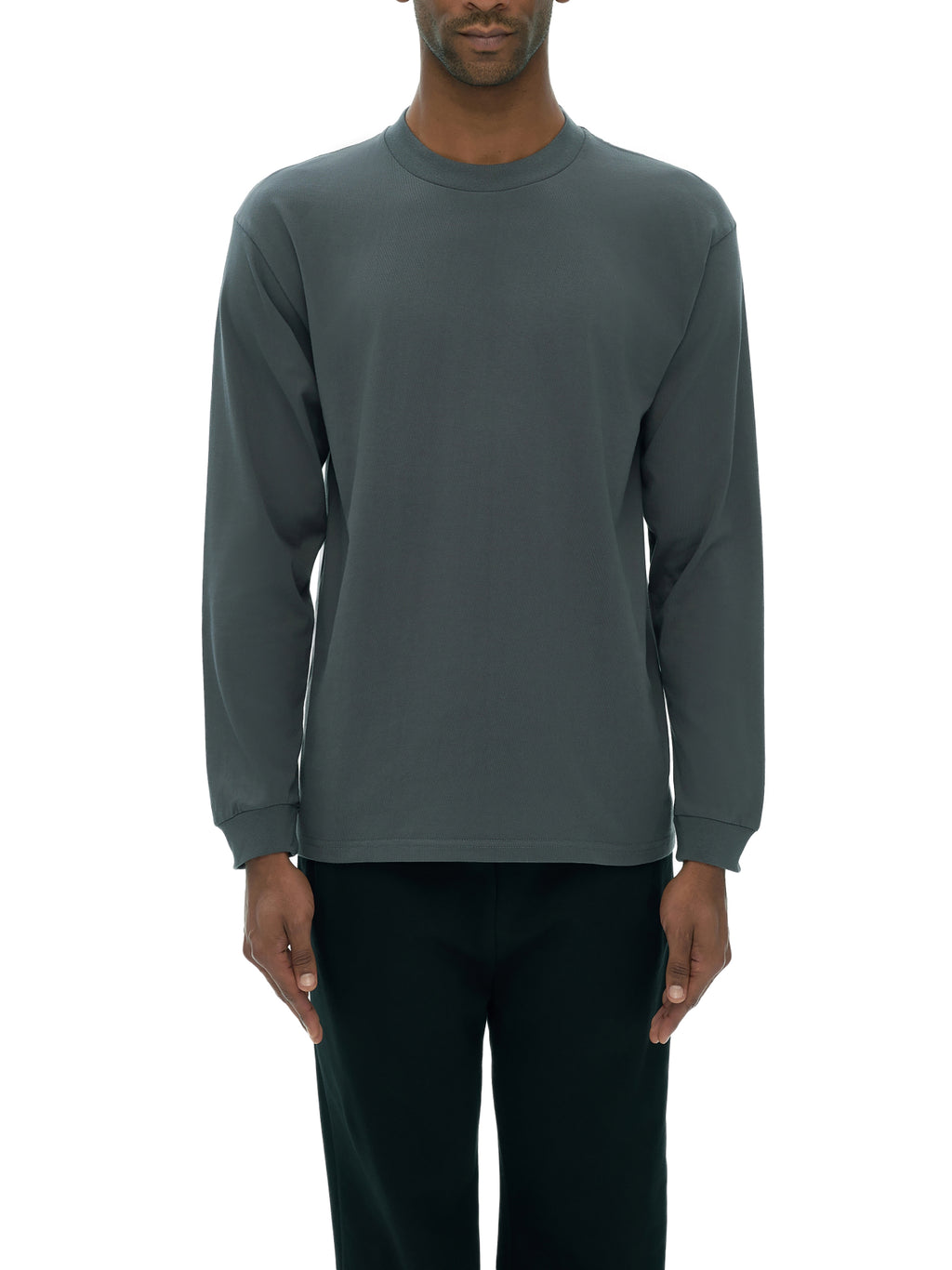 Off Script Crew Neck Drop Shoulder Long Sleeve Shirt - Dark Gray male model front view